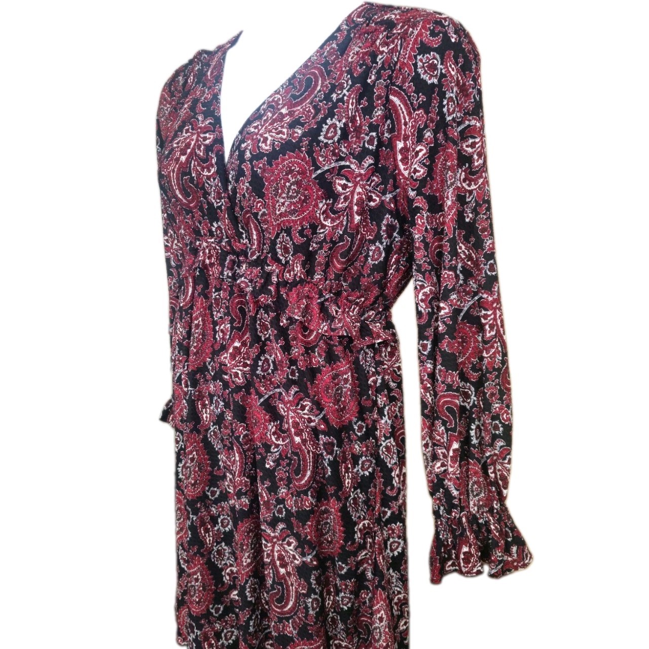 NWT Michael Michael Kors Black Maroon Paisley Faux Wrap Ruffle Sleeves Dress L