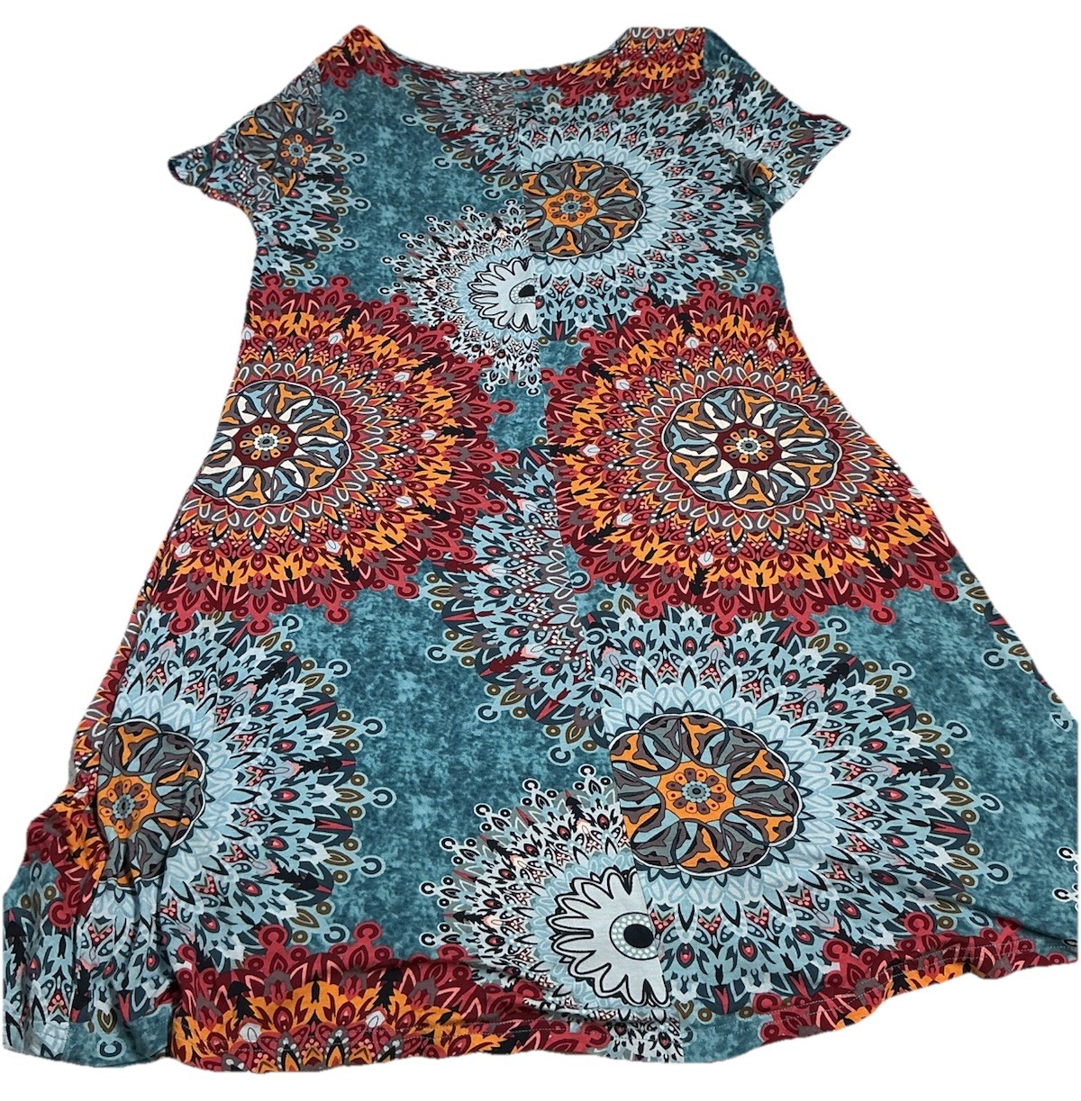 WOMENS Shift T-Shirt Dress Multicolor Geometric Vibrant Boho Hippie Pockets M/L