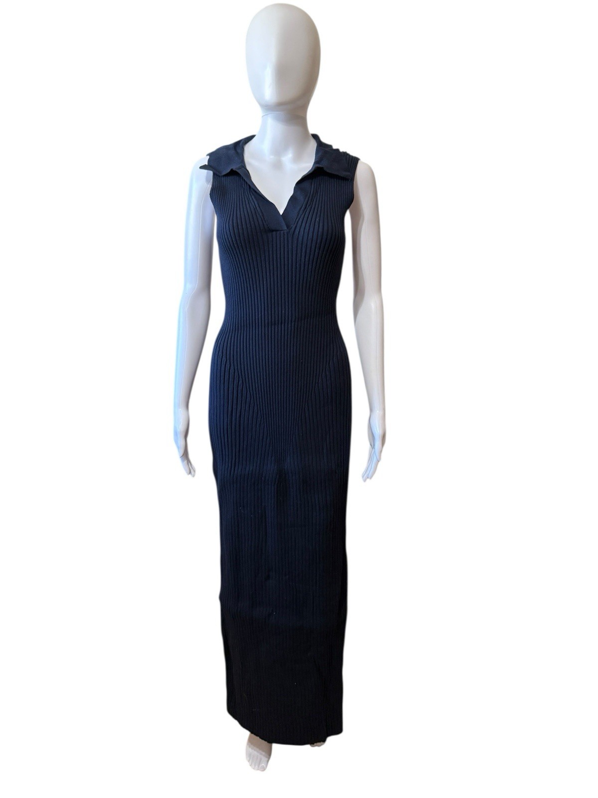 The Normal Brand Marin Collared Dress Navy Ribbed Sleeveless Maxi XS