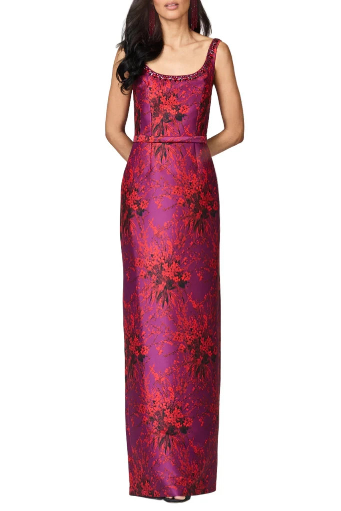 Sachin & Babi Raspberry Bouquet Lana Beaded Neck Mikado Column Gown Size 0 $995