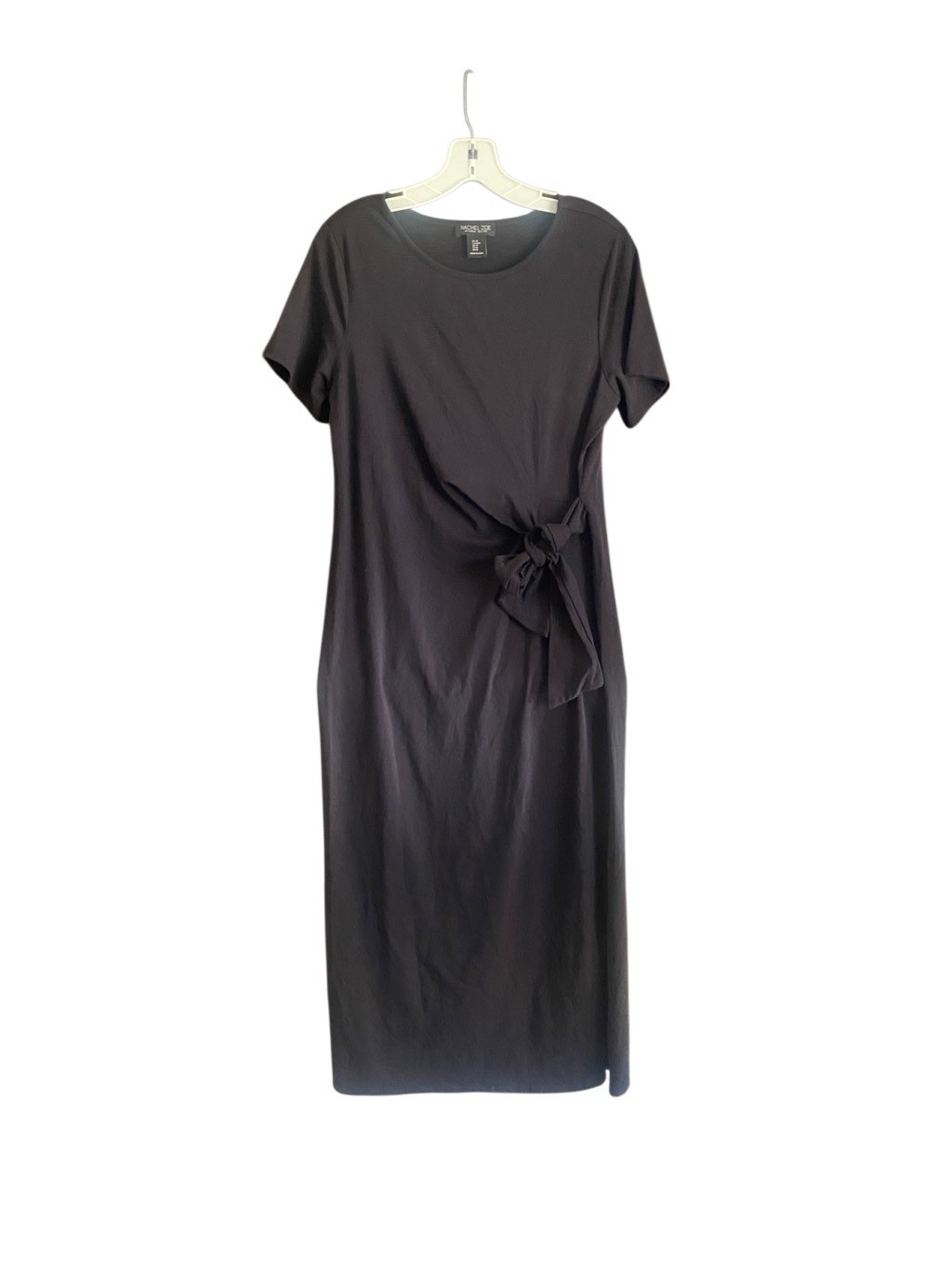 Rachel Zoe Faux Wrap Short Sleeve Black Midi Dress with Side Tie. Stretch. Med