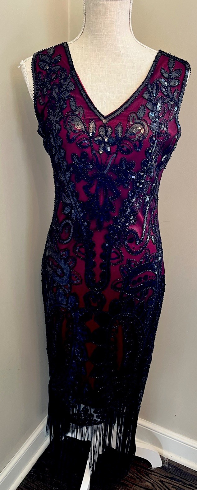 PrettyGuide 1920s Flapper Dress & Headband Set Burgundy Sequin Art Deco Fringe M