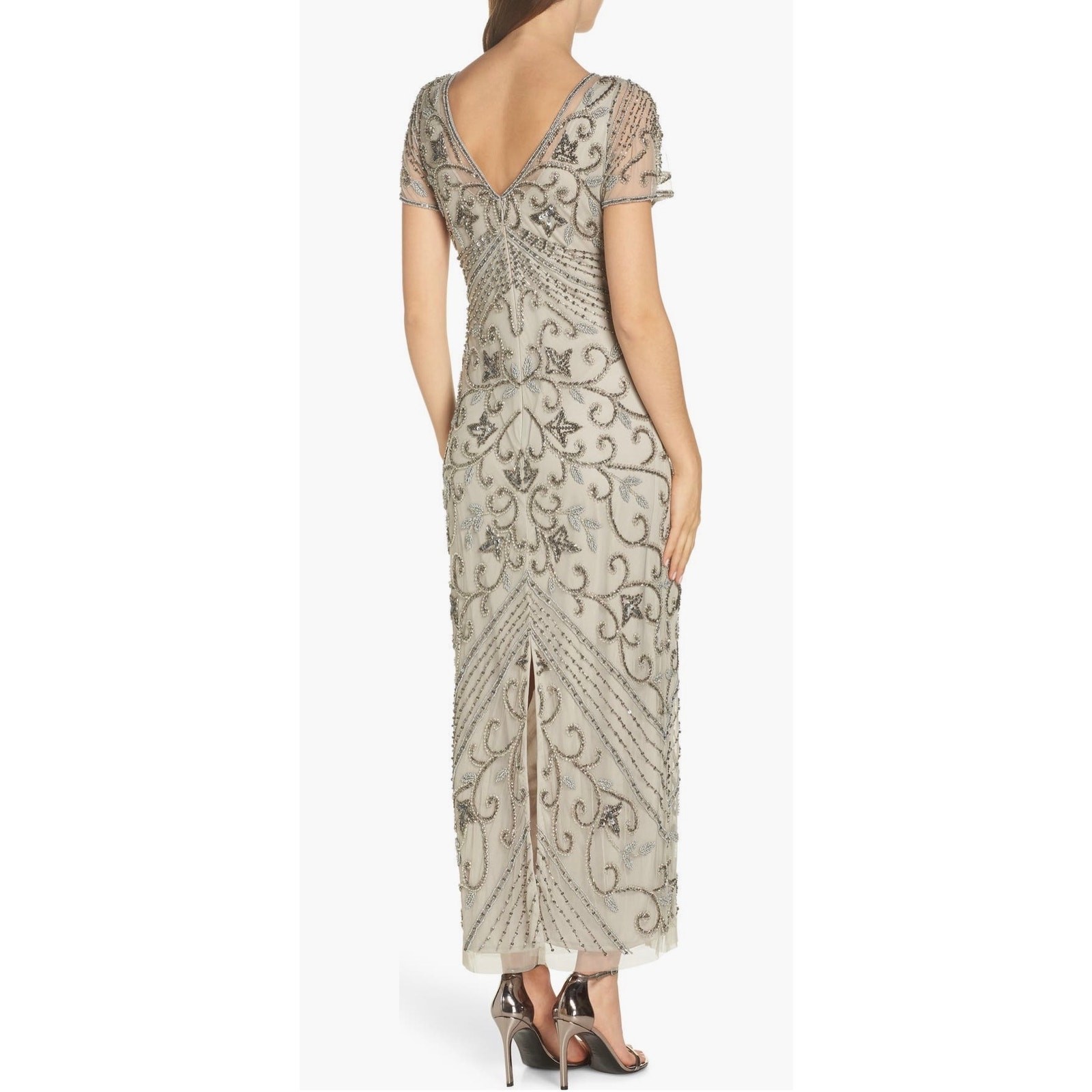 Pisarro Nights Beaded Mesh Column Gown in Oyster. Size 2. NWOT