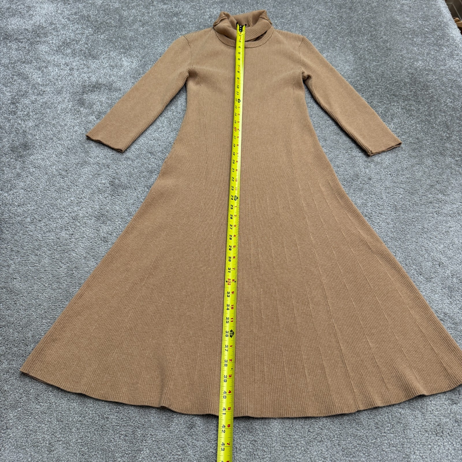 Saks Fifth Avenue Turtleneck A-Line Midi Sweater Dress Womens Small Camel Brown