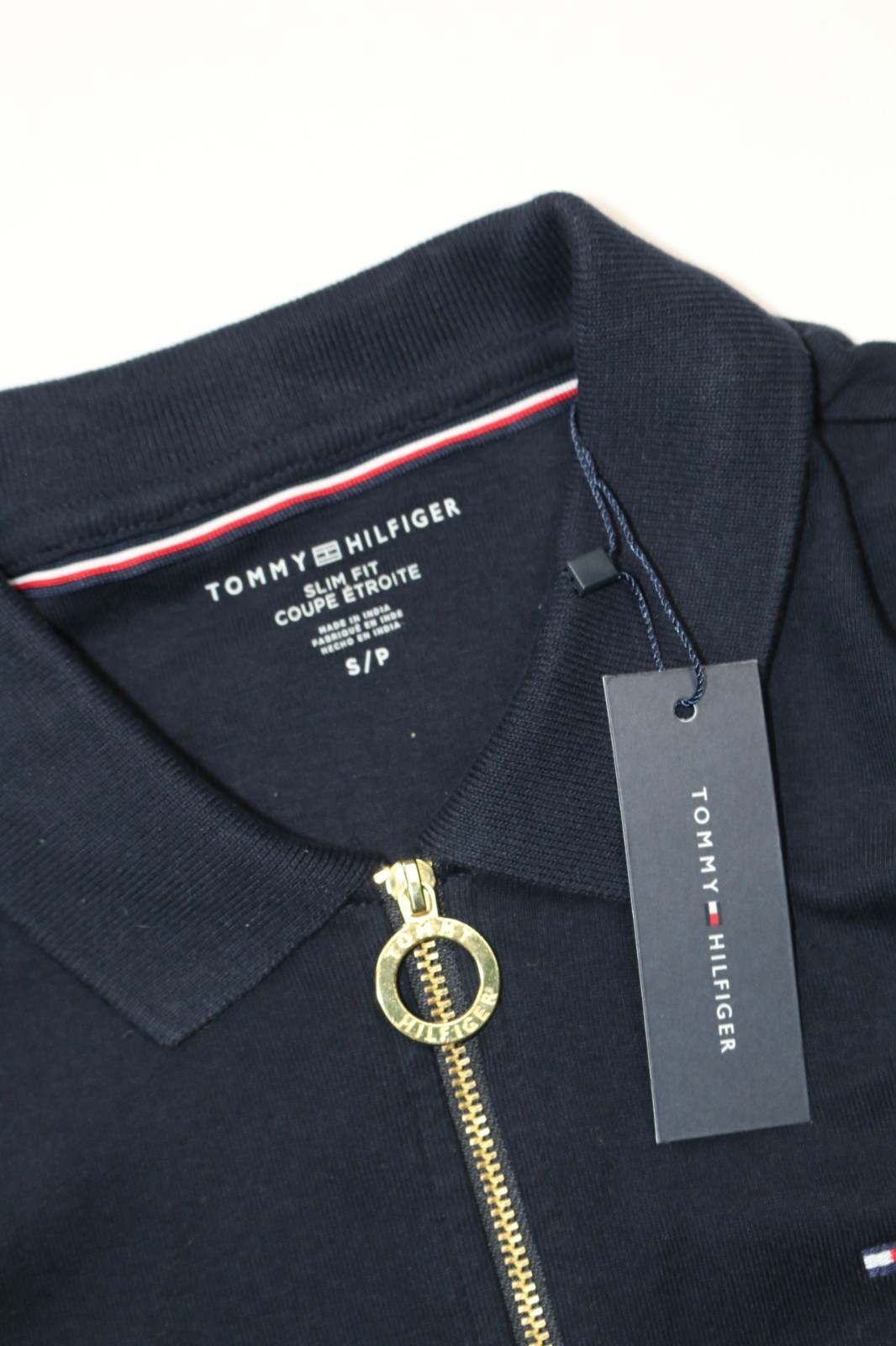 Tommy Hilfiger Navy Knit 1/4 Zip Polo Dress Short Sleeve Embroidered Flag Slim