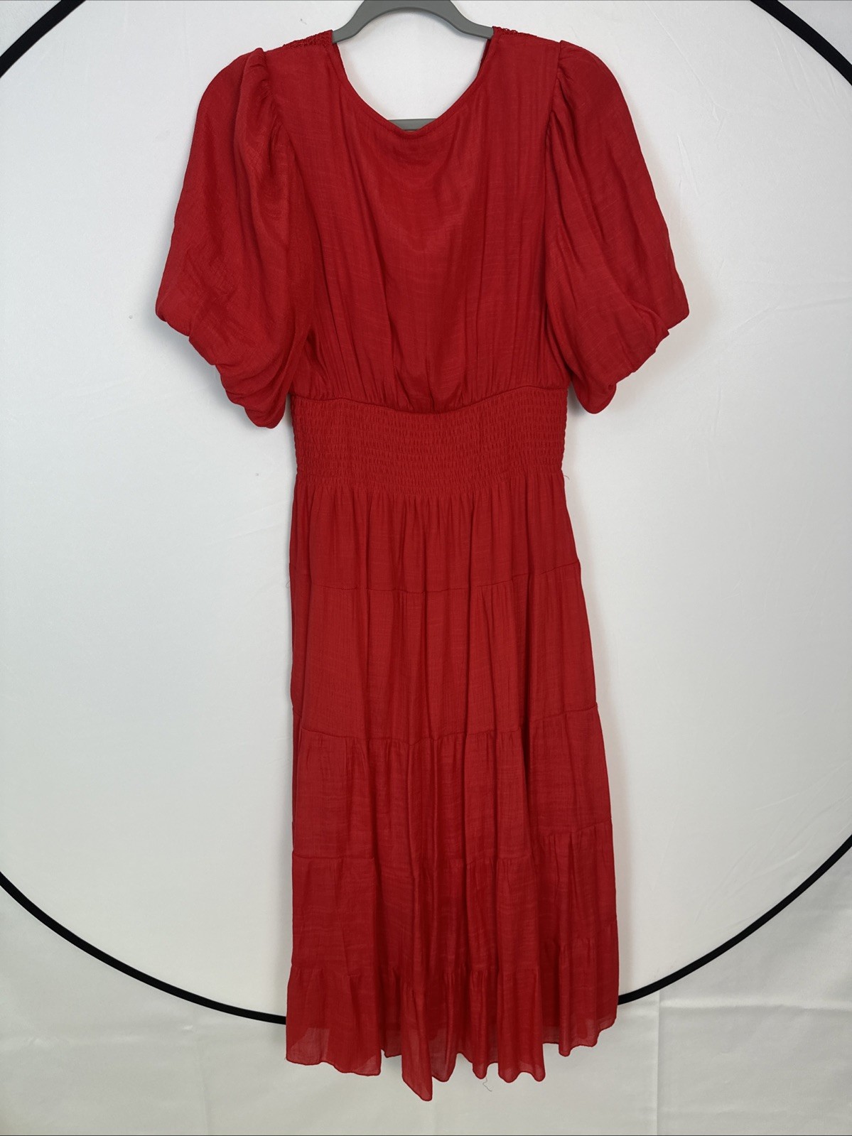 J.Gee Boho Tiered Midi Dress V-neck Women’s Sz Medium Red Color Smocked Waist