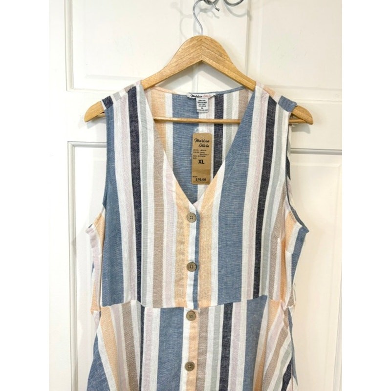 Marissa Olivia Linen Blend Striped Dress XL Blue Peach Button Front Midi Pockets