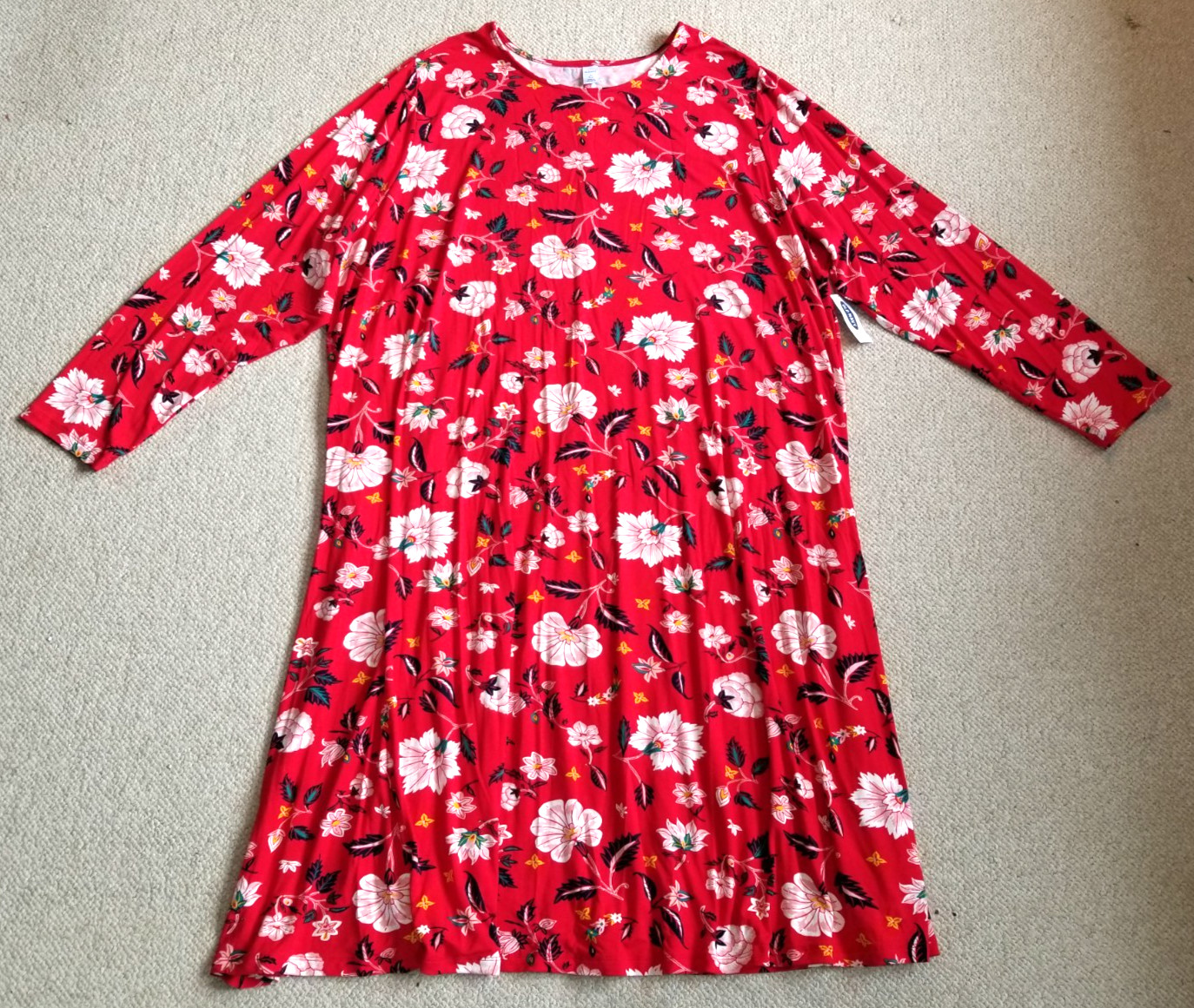 NWT Womens Dress-OLD NAVY-red floral rayon jersey knit swing midi shift-4X