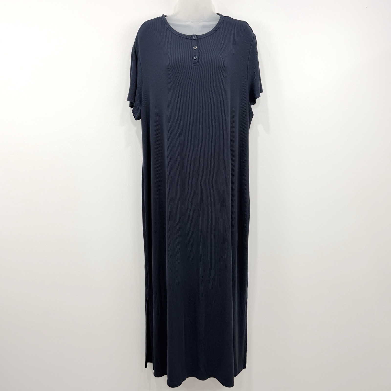 Barefoot Dreams Malibu Collection Rib Henley Dress 2X Navy Comfort Lounge Bamboo