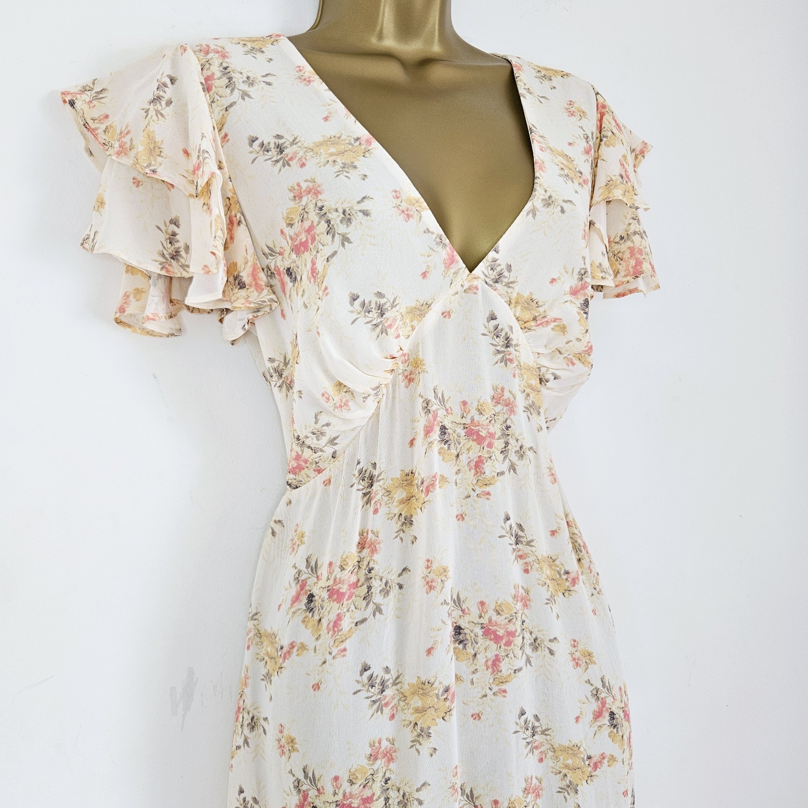 NEW Ex NEW LOOK 10-18 Ruffle Chiffon Floral Dress Ivory Pink Occasion Wedding