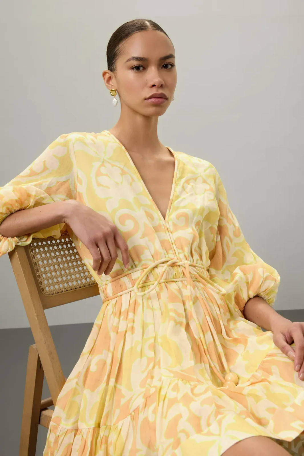 ALEXIS Capri Short Mini Dress Yellow Abstract Print 3/4 Sleeve, Size S