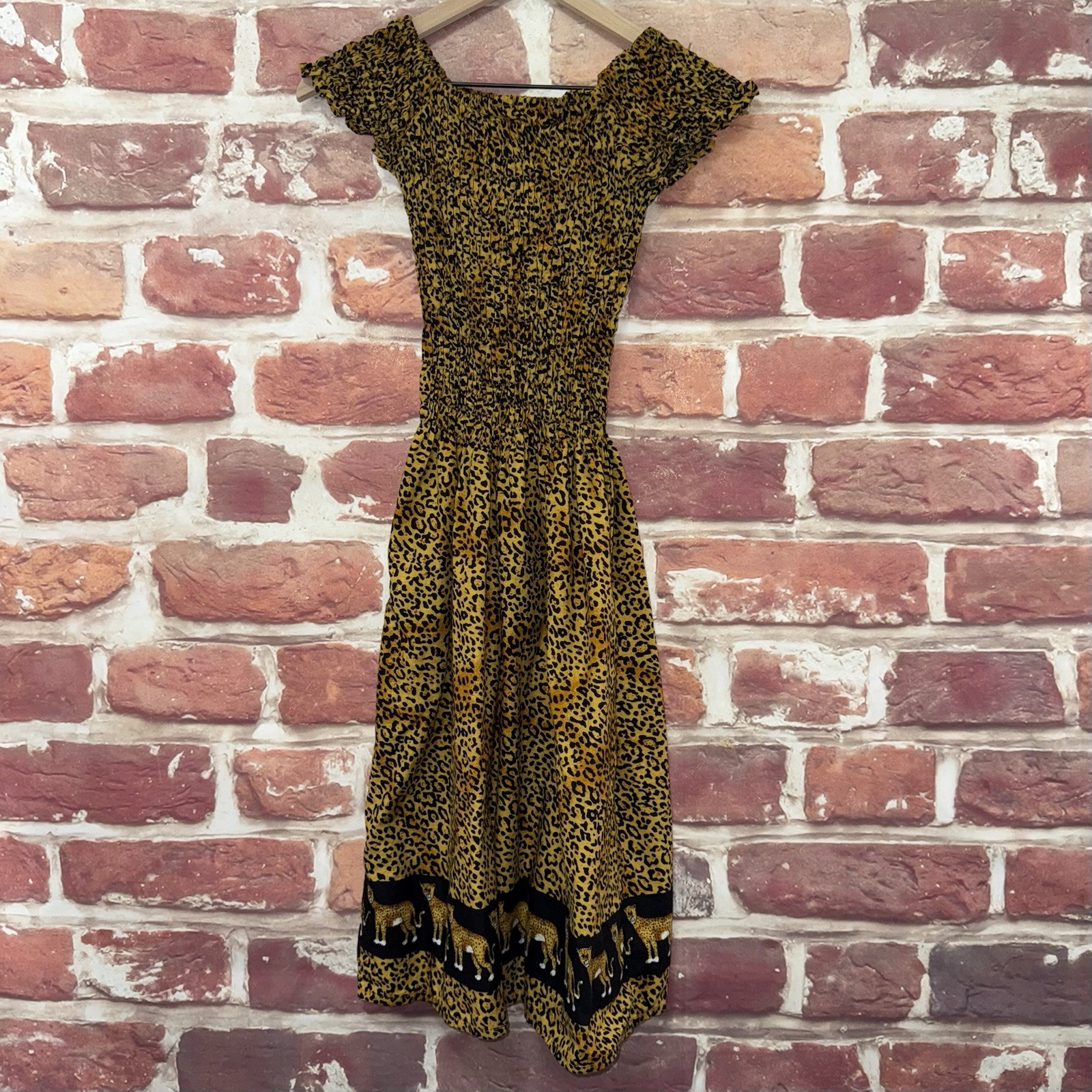 Just Love Sun Dress Womens L Tan Black Animal Print Safari Stretchy Beach Casual