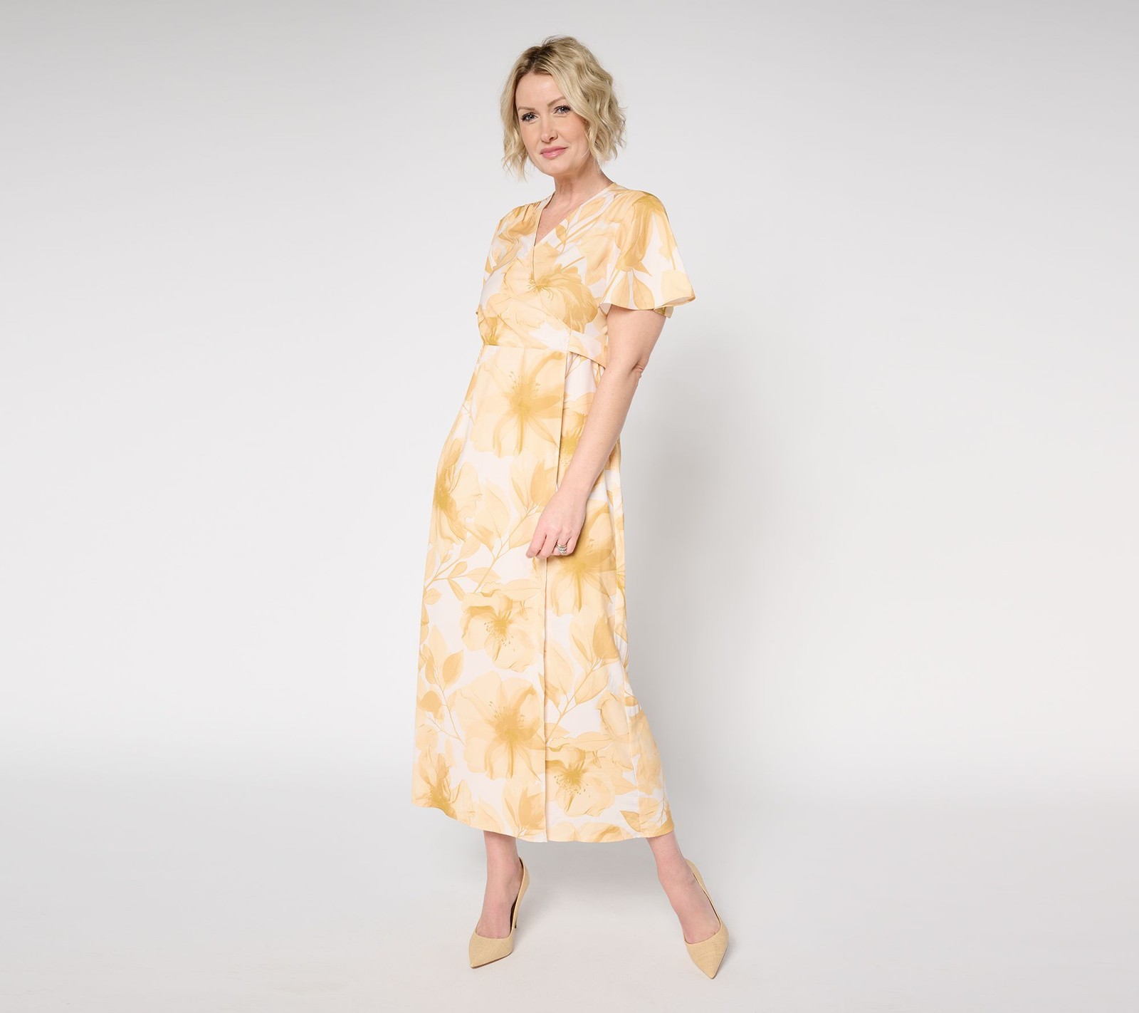 Me by Jennie Garth Women’s Dress Sz S Camellia Printed Faux Sandalwood A685444