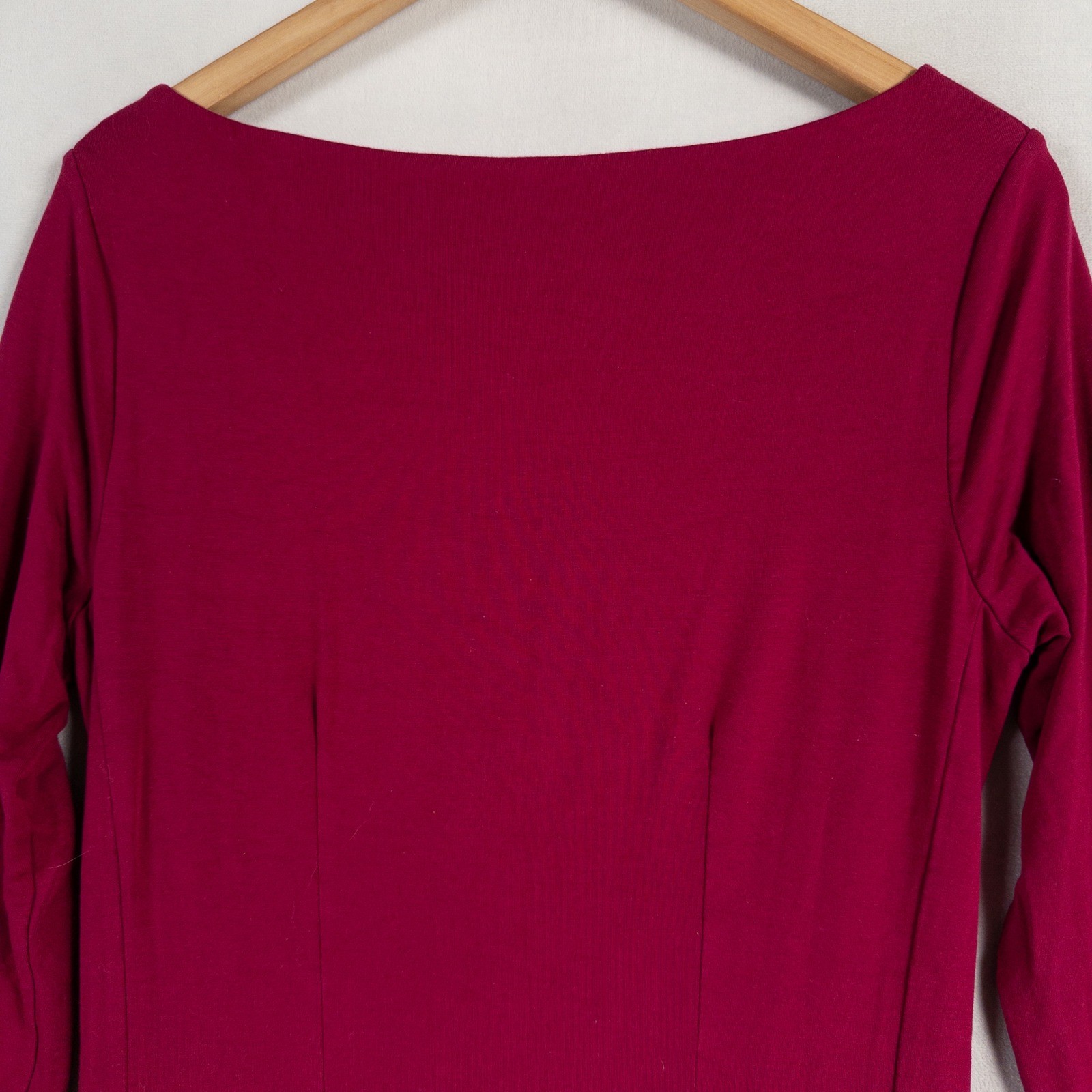 Boden Dress 12 LONG Raspberry Red Stretch Knit Lined Pleated Long Sleeve Sheath