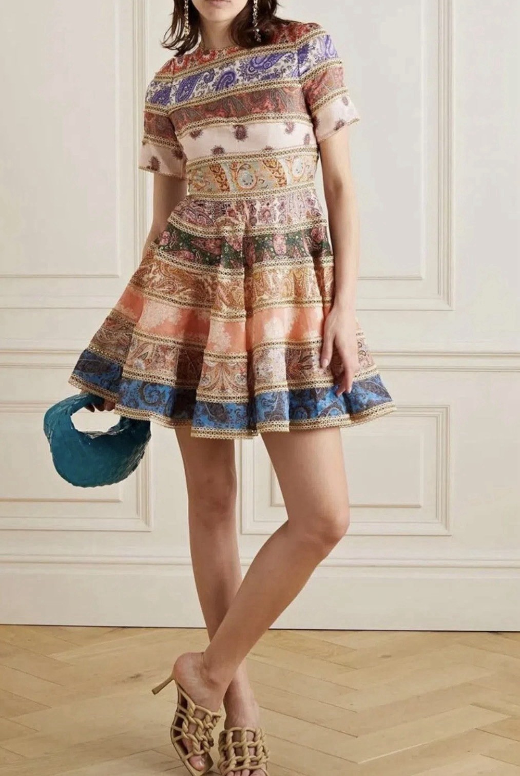 Zimmermann Devi Spliced Mini Dress Size 1/AU 10/US 8 Gold Trim Paisley Rare EUC