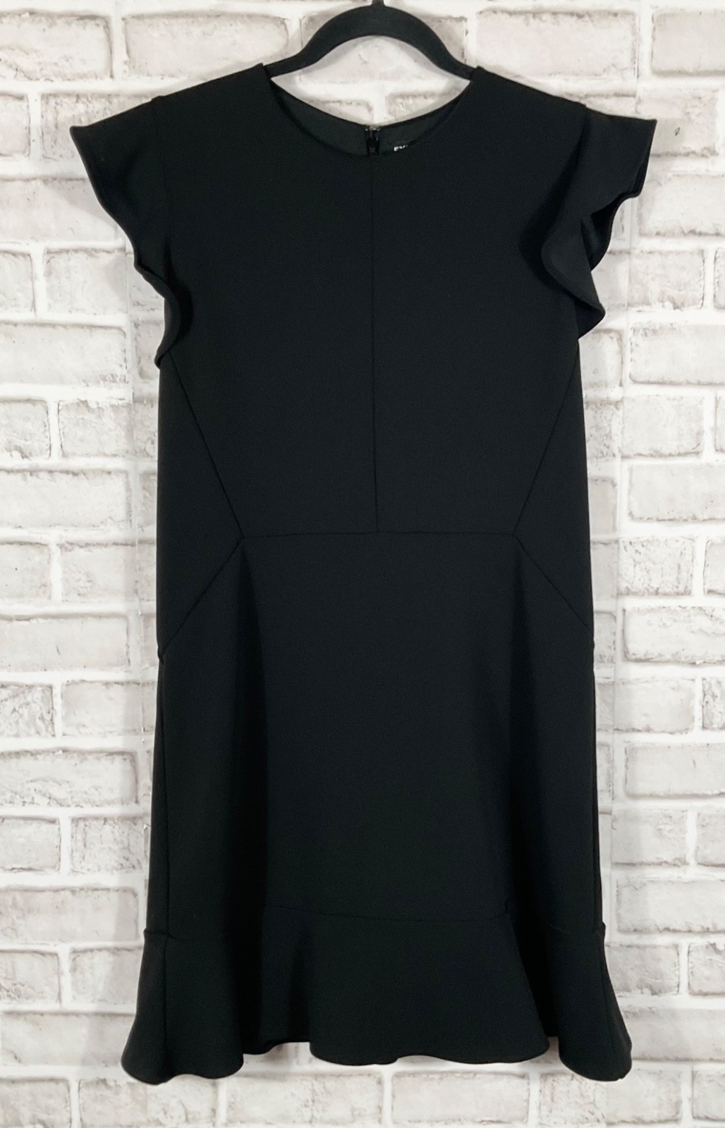Loft Dress Womens Sz M Black Ruffled Hem Lined Zip Short Black Flutter Sleeves
