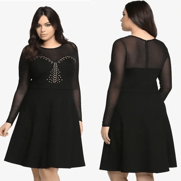 Torrid Black Long Sleeve Mesh Studded Rhinestone Skater Dress 3X 22-24