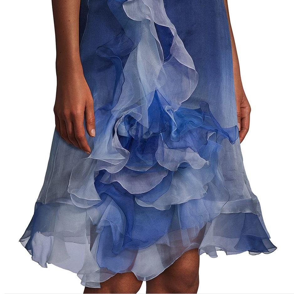 MARCHESA Ombre Strapless Flower Ruffled Tiered Silk Cocktail Dress, 2 Blue