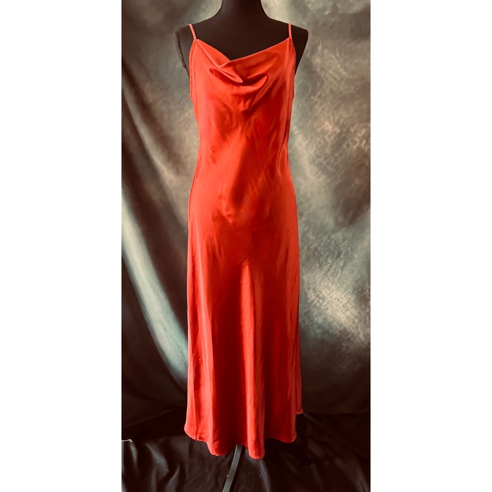 Nicole Miller NY Rust Satin Cowl Neck Slip Dress Midi Evening Party Size Medium
