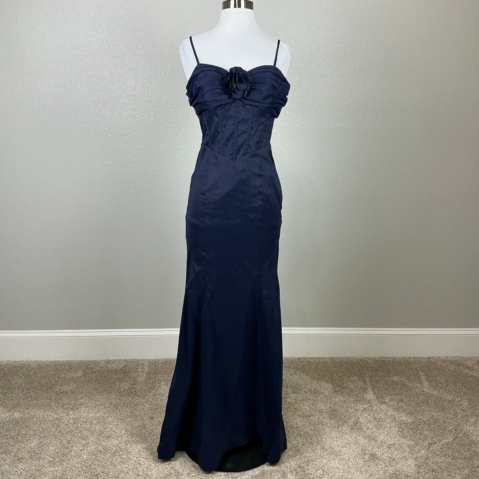 Blondie Nites Navy Blue Evening Gown Satin Lace Up Formal Mermaid Dress Size 7