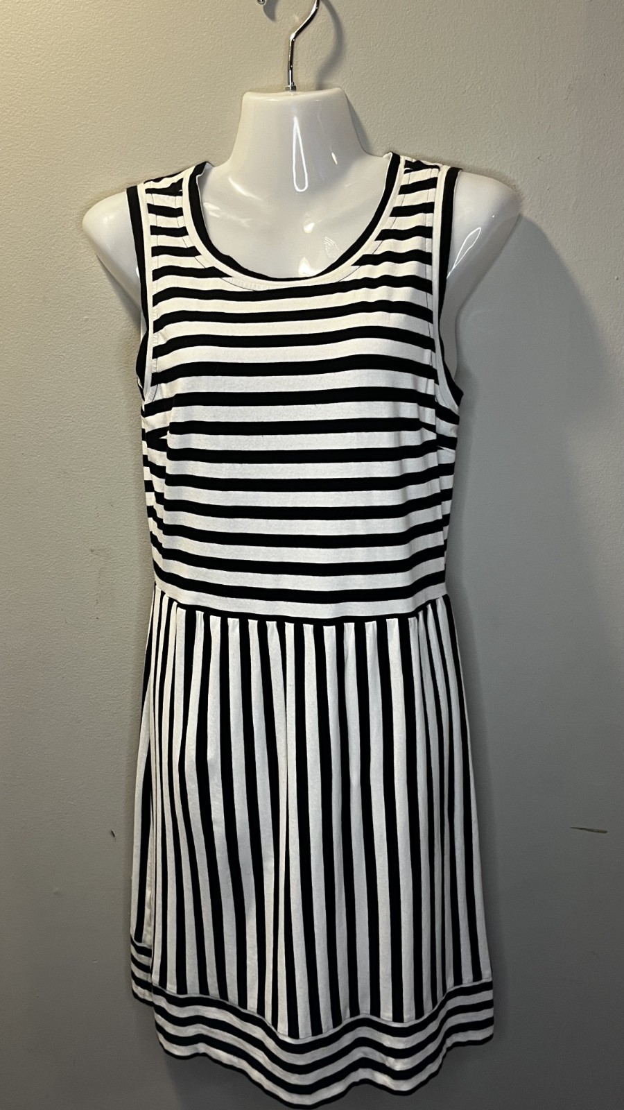LOFT Black White Striped Sleeveless Fit & Flare Dress XS Cotton Stretch