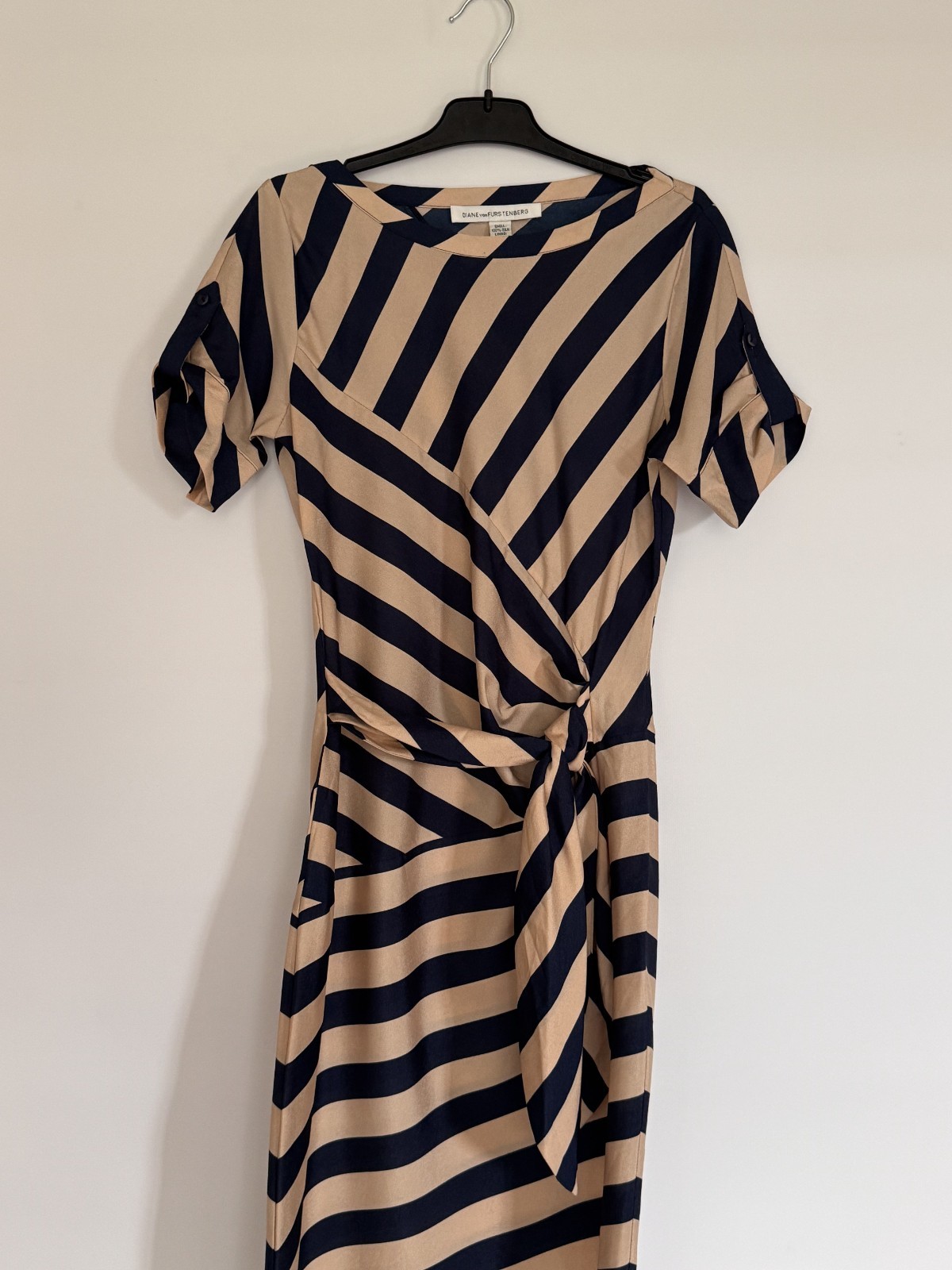 Diane Von Furstenberg DVF Silk Striped Dress Beige Blue Tie Waist Women Size 2