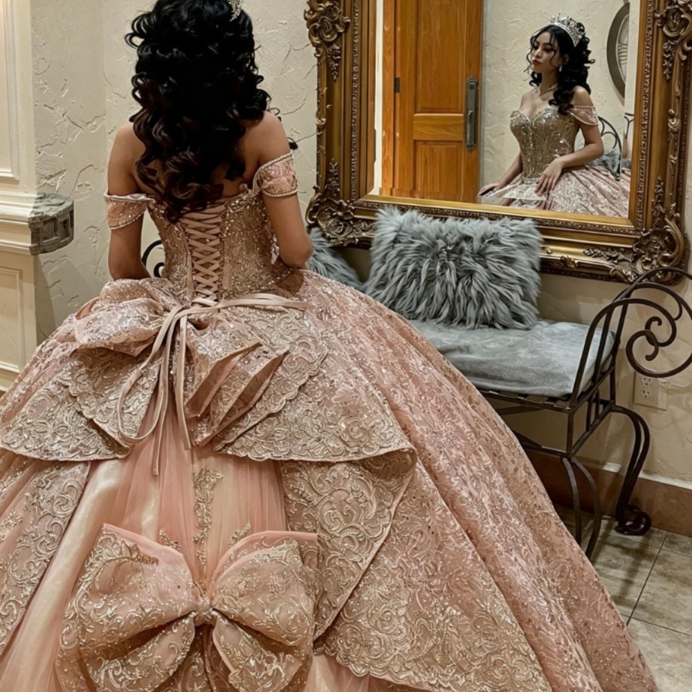 Champagne Rose Gold Quinceanera Dresses Sparkly Lace Ball Gown Bow Back Sweet 16
