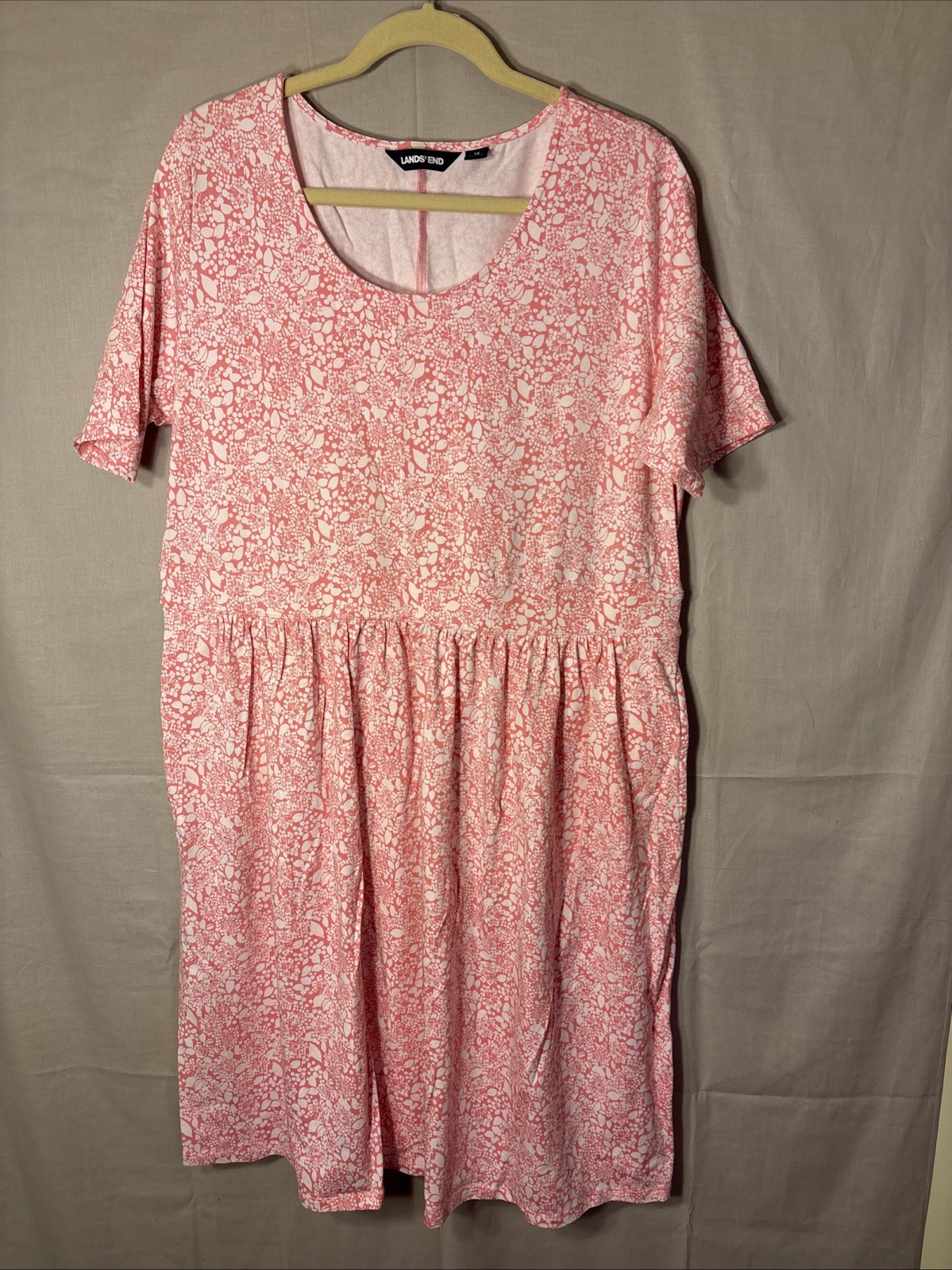 Lands End Pink Floral Dress, Sz 1X (16w-18w), Pockets, Cotton/Modal/Spandex,