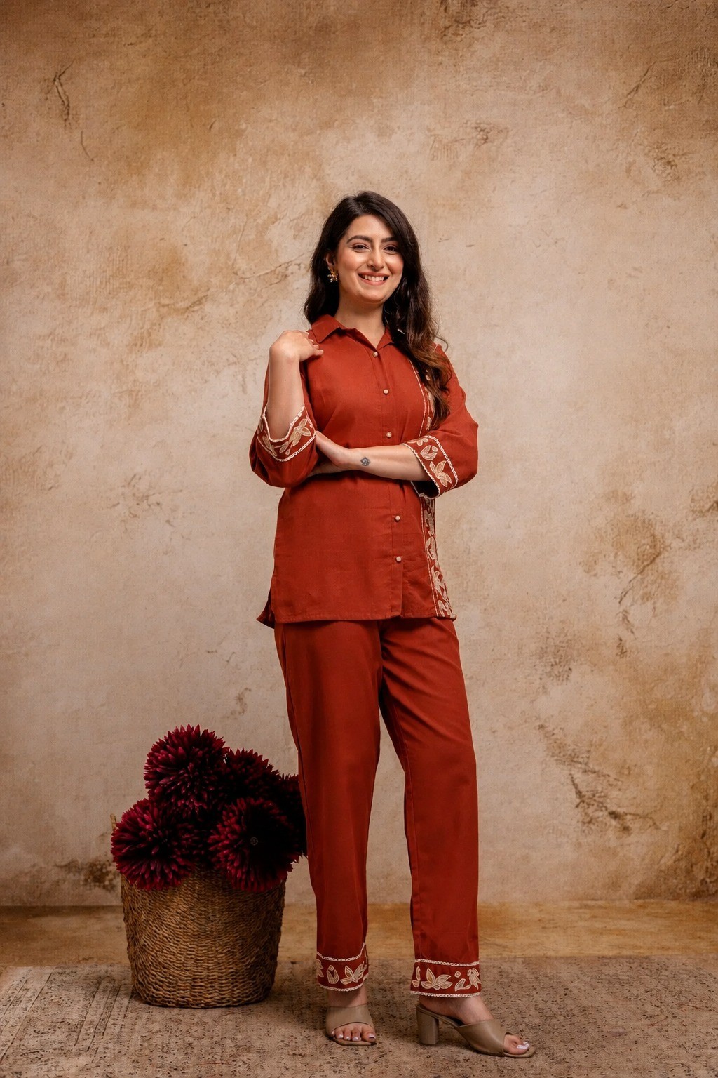 Women Rust Cotton Flex Co-Ord Set Embroidered Top Pant Set Casual ,Travel Wear