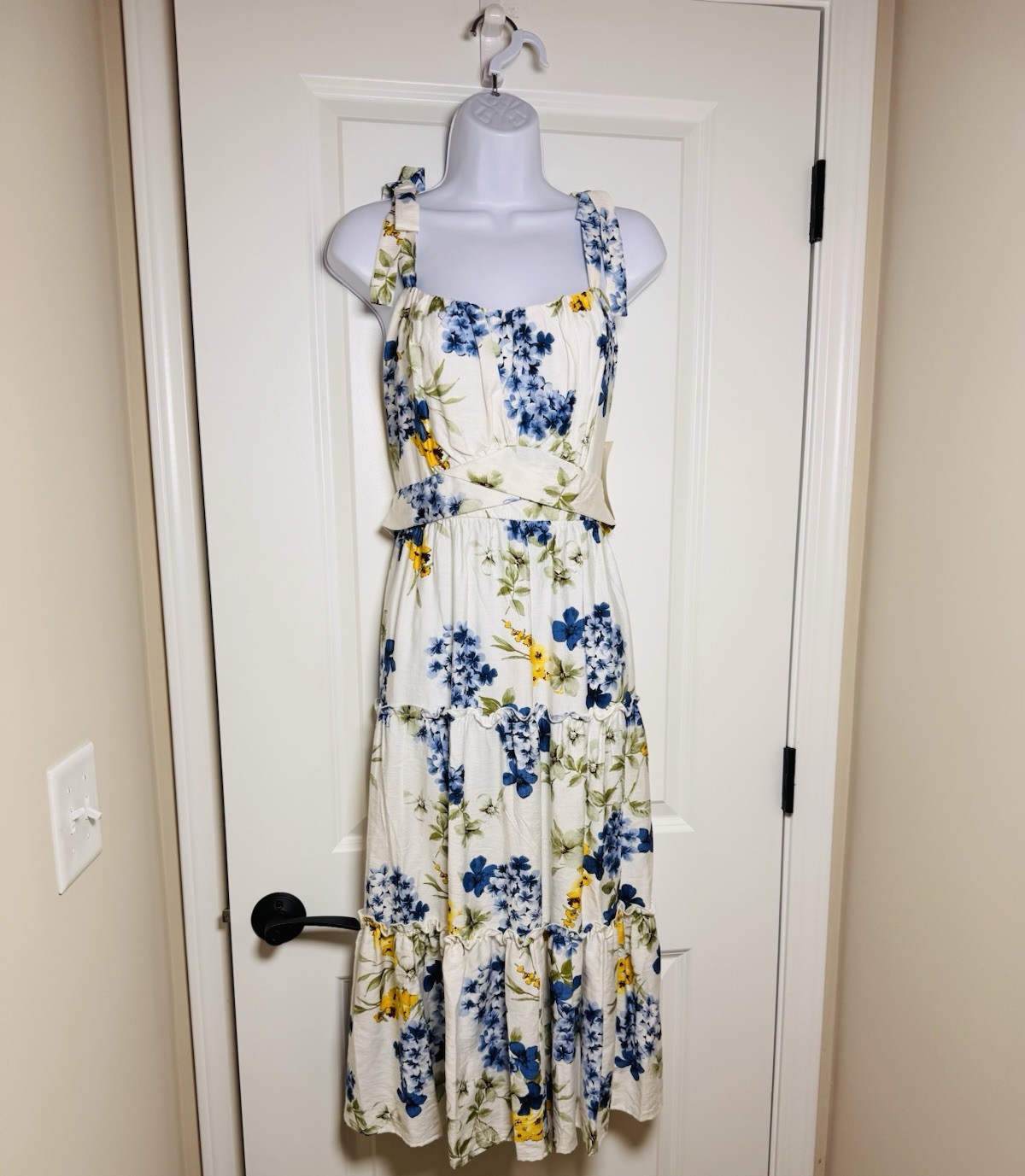 Kate and Lily Floral Midi Sundress White Blue Yellow Green Square Neck 10