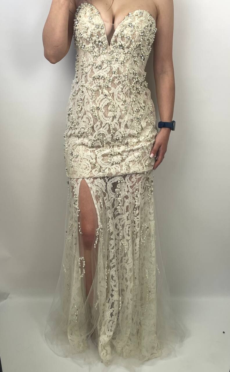 Jovani Strapless Lace Gown Beaded Pearl Nude Ivory Dress Sz 4 Small Prom Formal