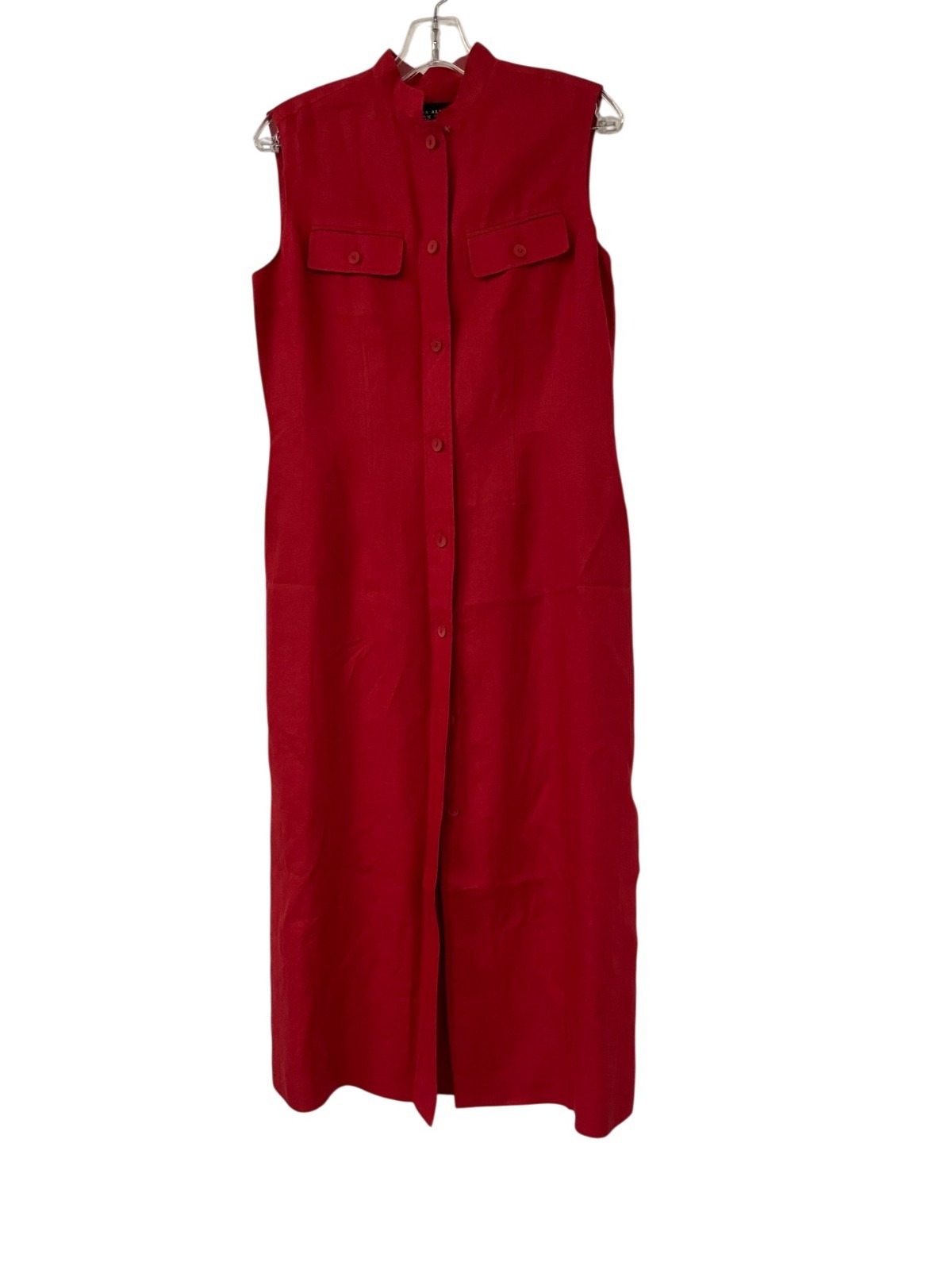 Linda Allard Ellen Tracy Women Shirt Dress 6 Red Linen Sleeveless Button Up Midi