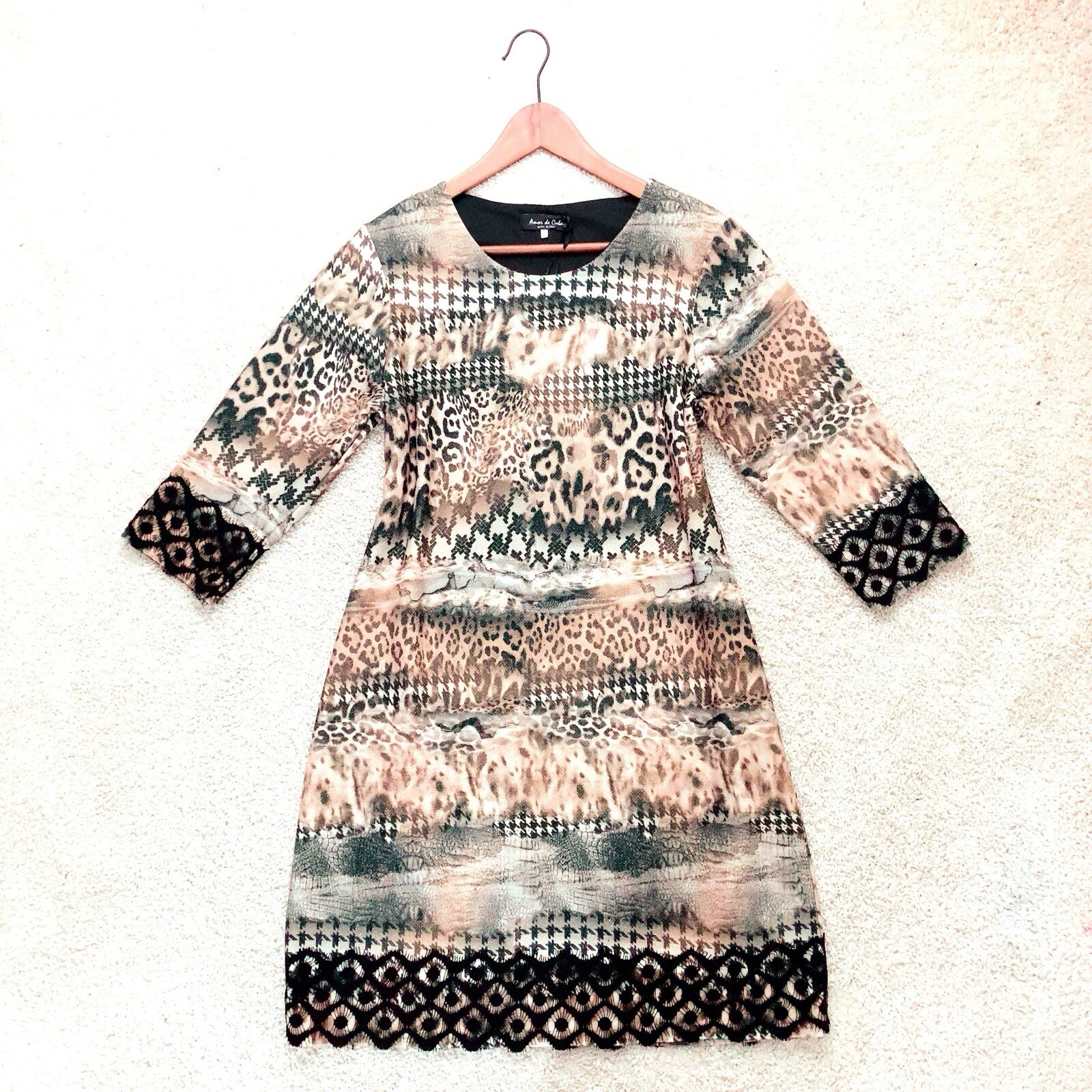 AMOR DE CUBA Black Brown Gold Metallic Lace Animal 3/4 Sleeve Dress L NWT