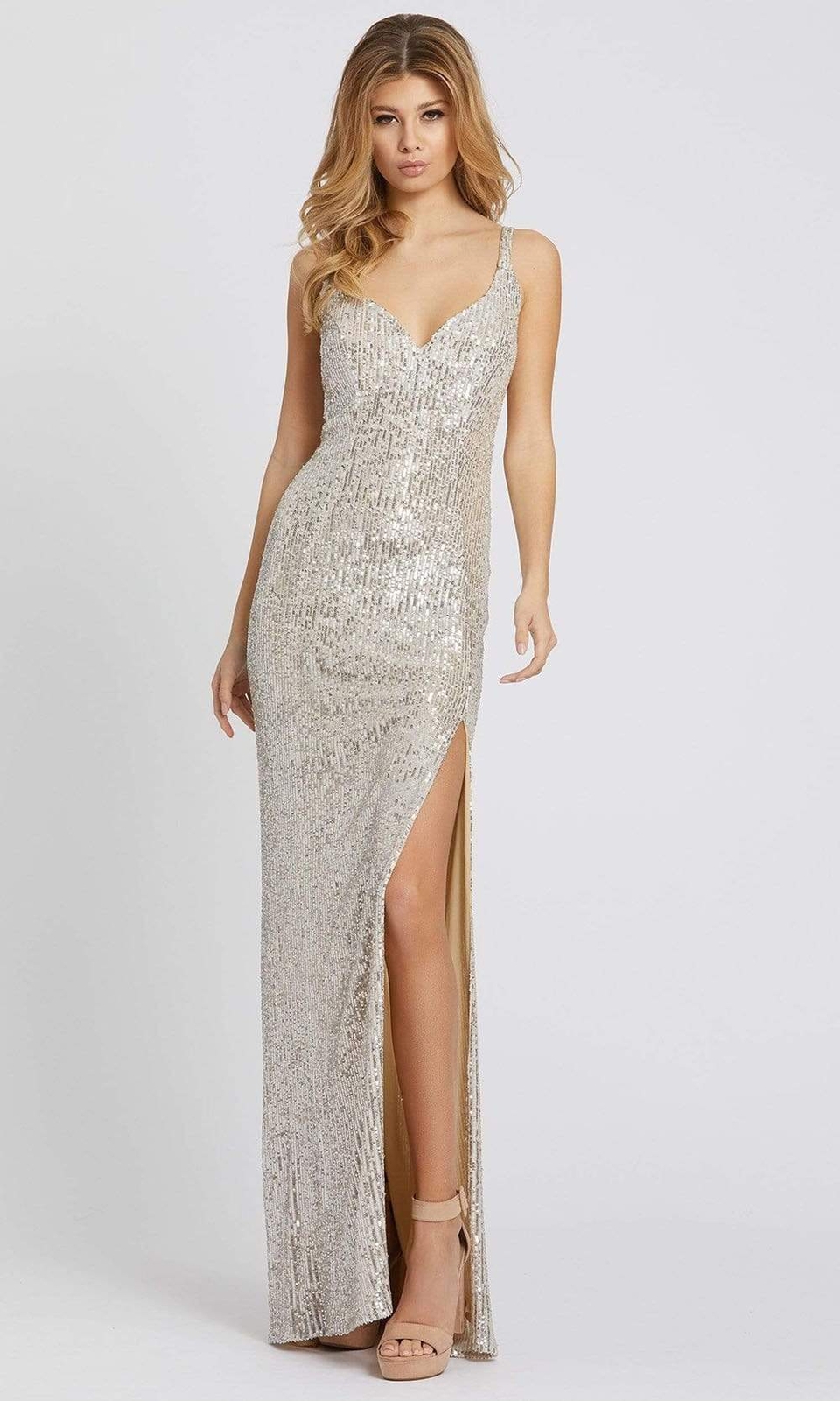 Mac Duggal 26443I Sequin Side Slit Column Gown Sz 6 Silver