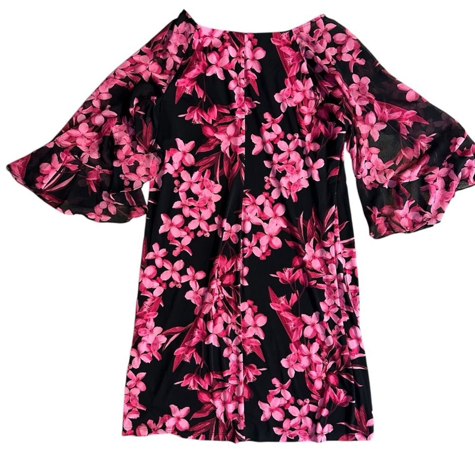 Connected Apparel Pink Floral Dress with Sheer Overlay Sleeve. Size 18W 24” PTP