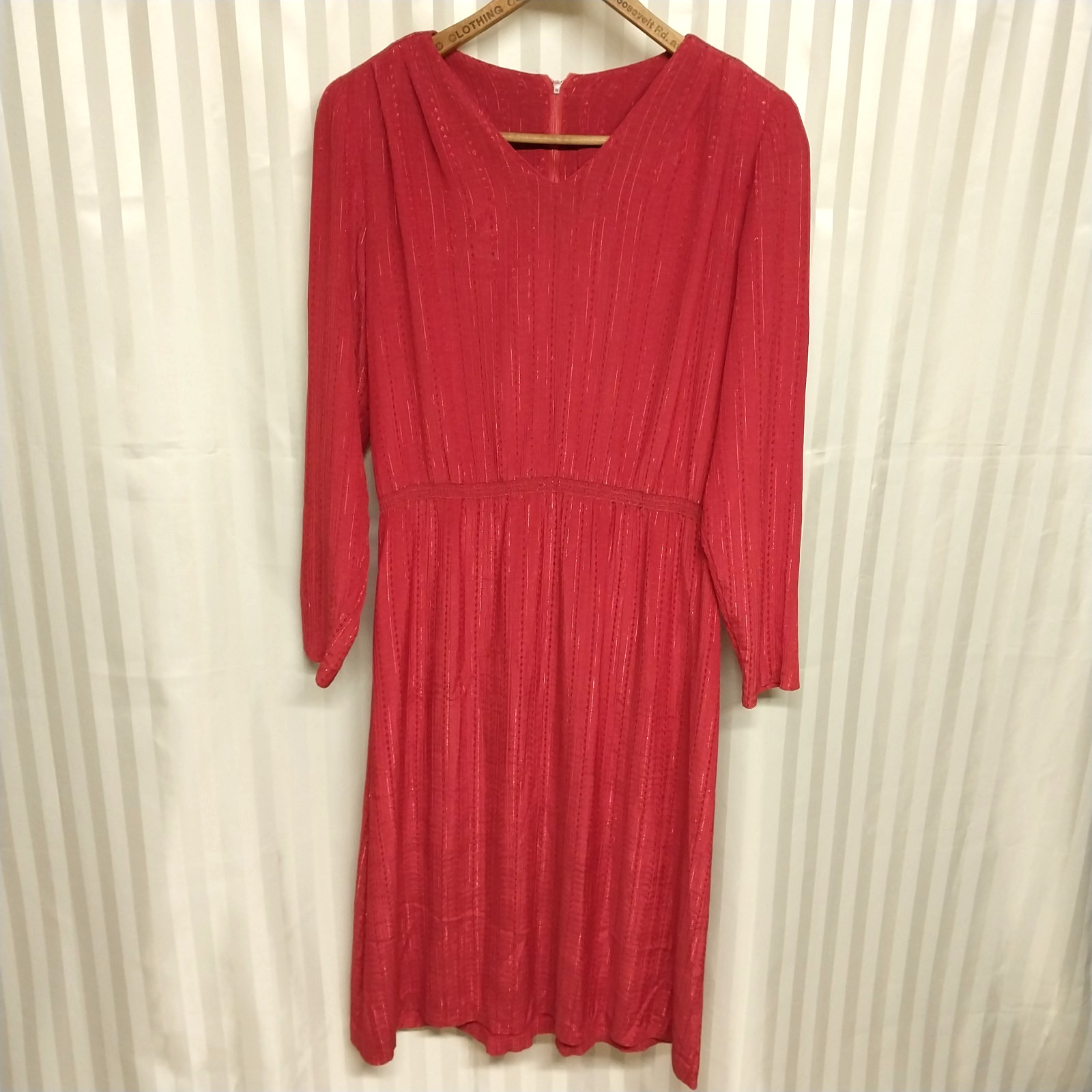 Vintage 1980s Red Plum Stripe Embroidered Midi Secretary Dress V Neck Size Small