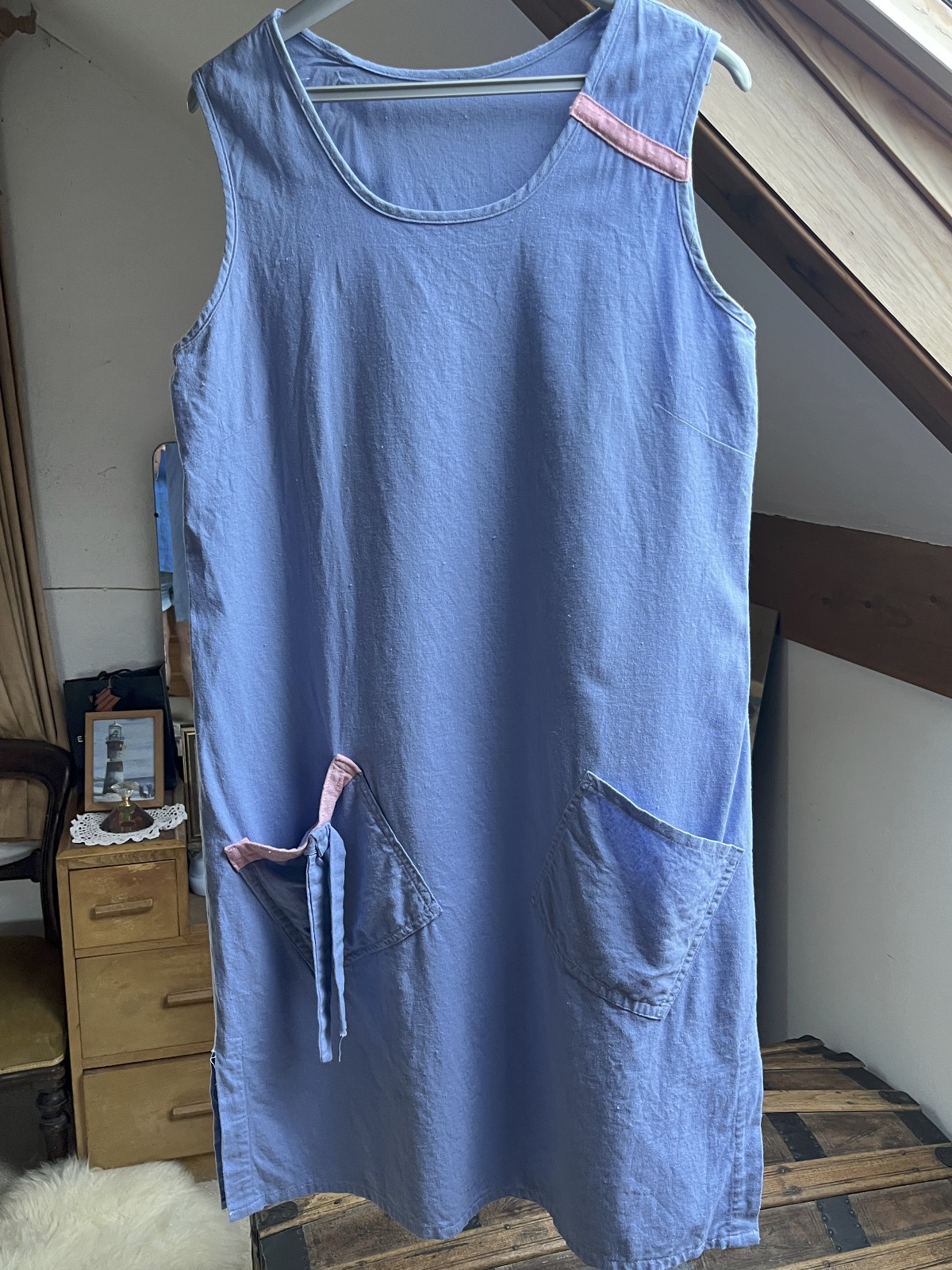 Handmade Blue Linen Blend Pinafore Dress Shift Pockets Lagenlook Artisan size 16