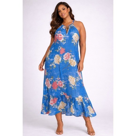 Mlle Gabrielle 2X Floral Halter Maxi Dress Multicolor Tassel Keyhole NWT