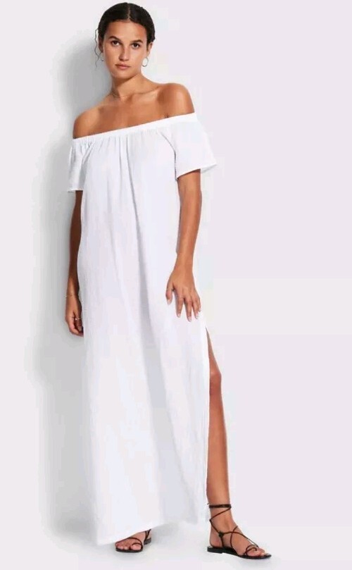 Seafolly Australia Double Cloth Strapless White Cotton Waffle Maxi Dress! Size S