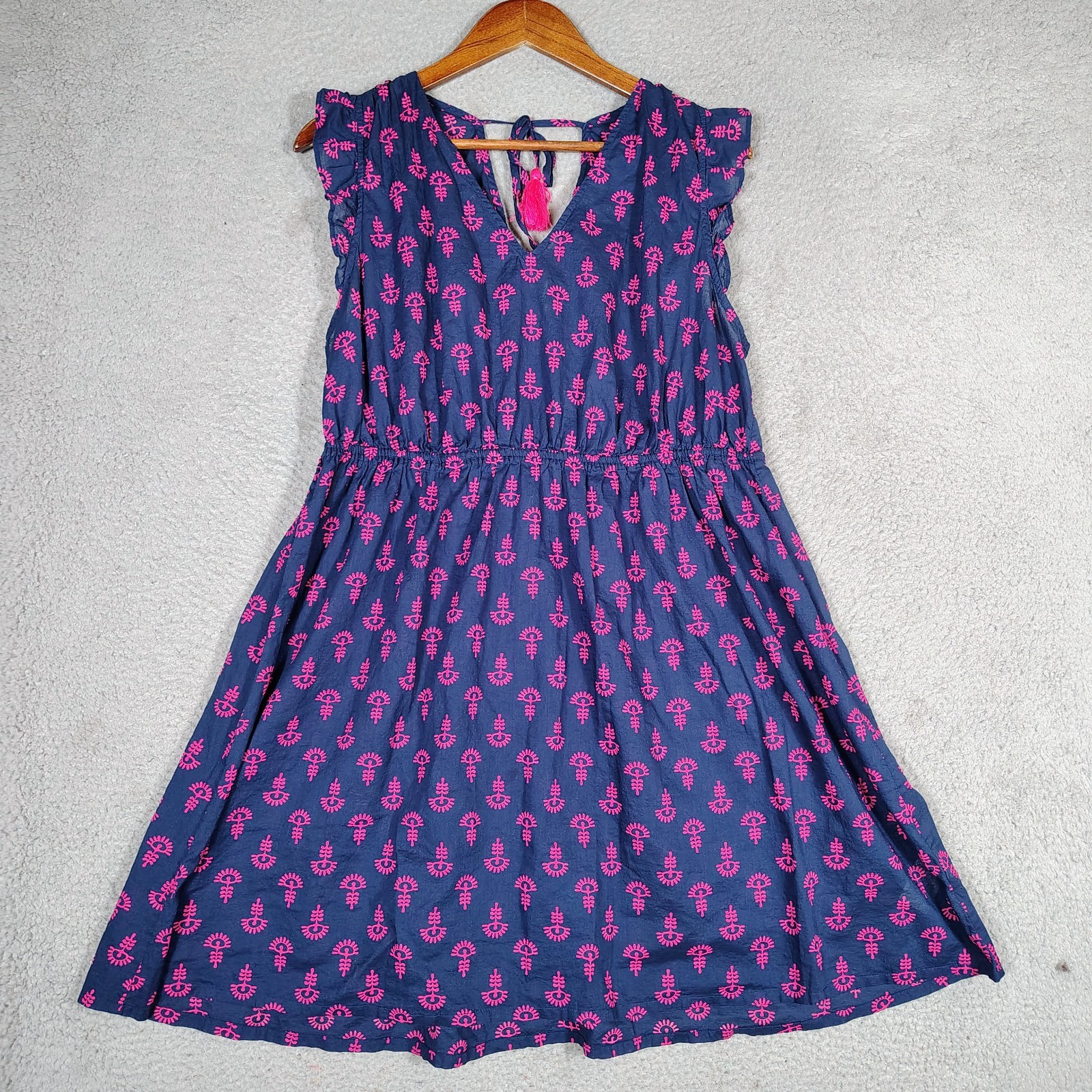 J.Crew Beach Dress Women’s Large Antique Navy Soft Fuchs Tie-Back Flutter Sleeve