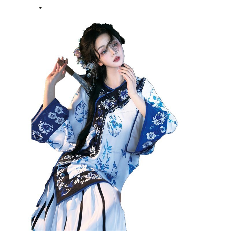 2Pc Set Women Retro Chinese Qing Dynasty Costumes Dress Embroidery Hanfu Dress