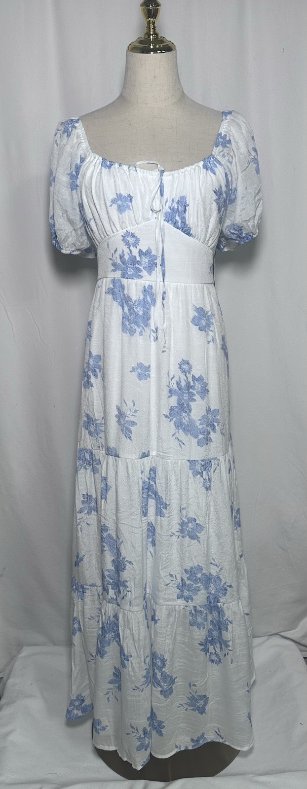Liberty Love Dress Maxi XL Short Balloon Sleeve Tiered White Blue Stretch New