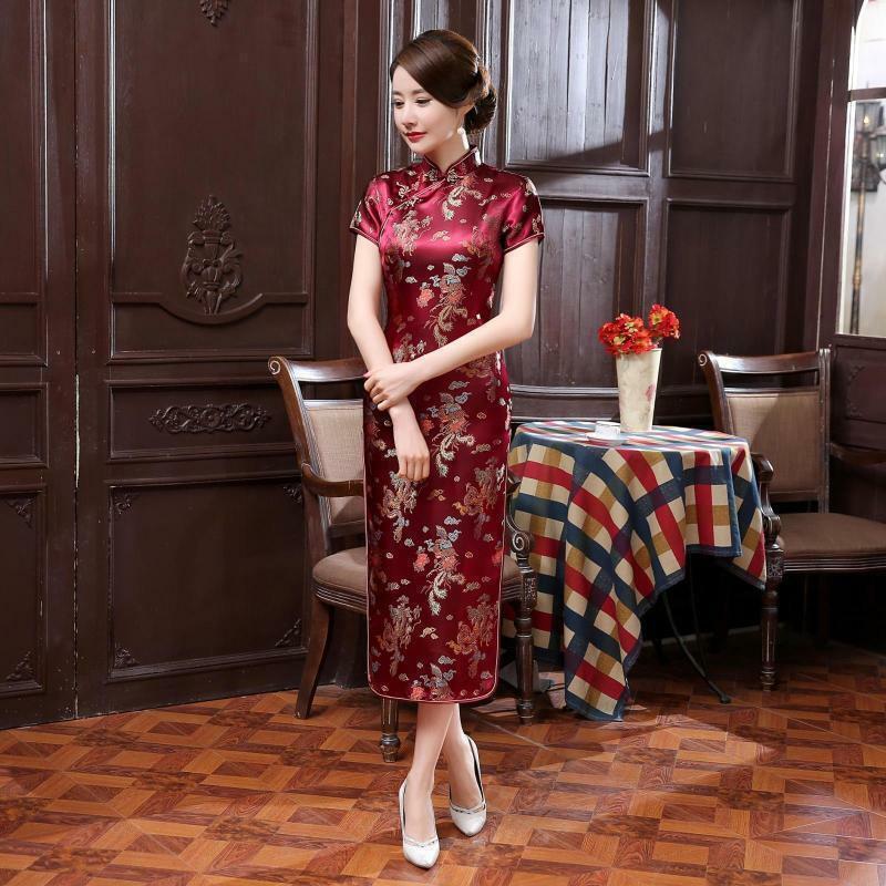 Dragon Phoenix Women’s Silk Satin Long Dress Cheongsam Qipao SZ S-6XL Dark red