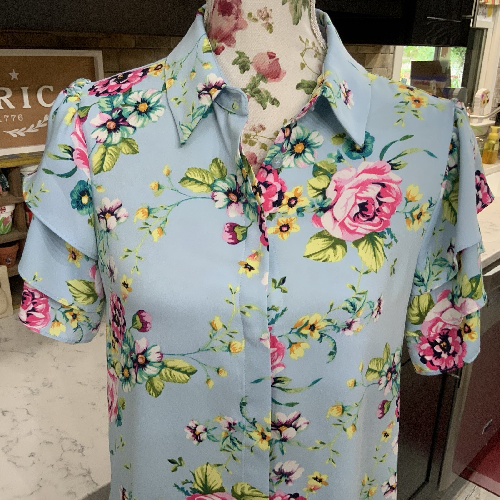 Laundry by Shelli Segal Size Small Floral Hidden Button Front Shirt Dress Blue