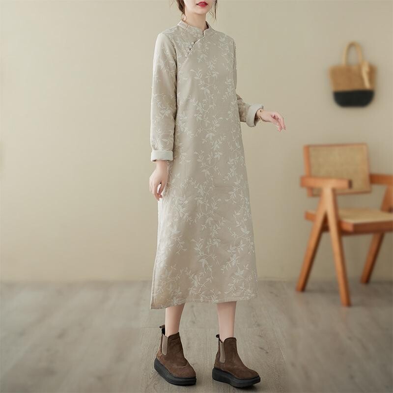 Women Qipao Midi Dress Floral Embroidered Frog Button Winter Cheongsam Ethnic