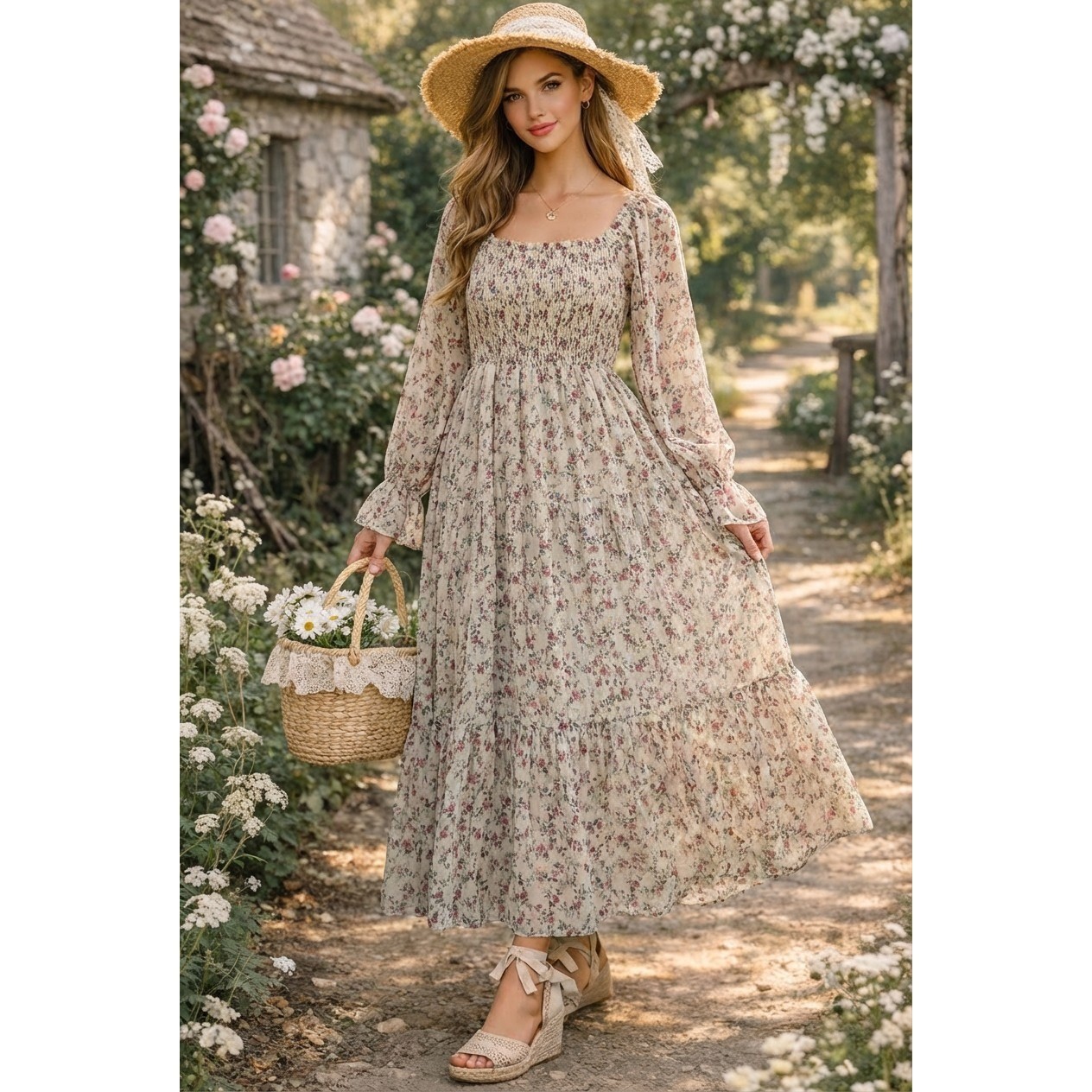&merci Maxi Dress Womens L Tiered Floral Cottagecore Boho Prairie Romantic Smock