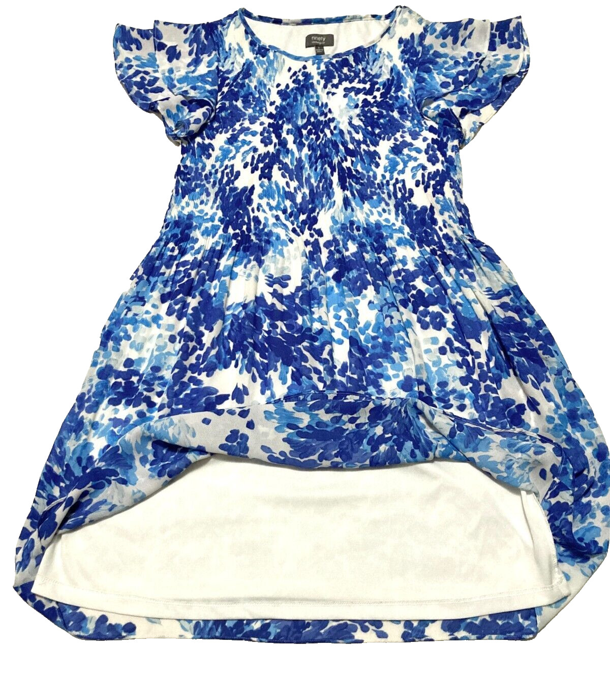 Chiffon Dress Flutter Sleeve A-Line Midi Blue White Smocked Top Flowy Airy Sz S