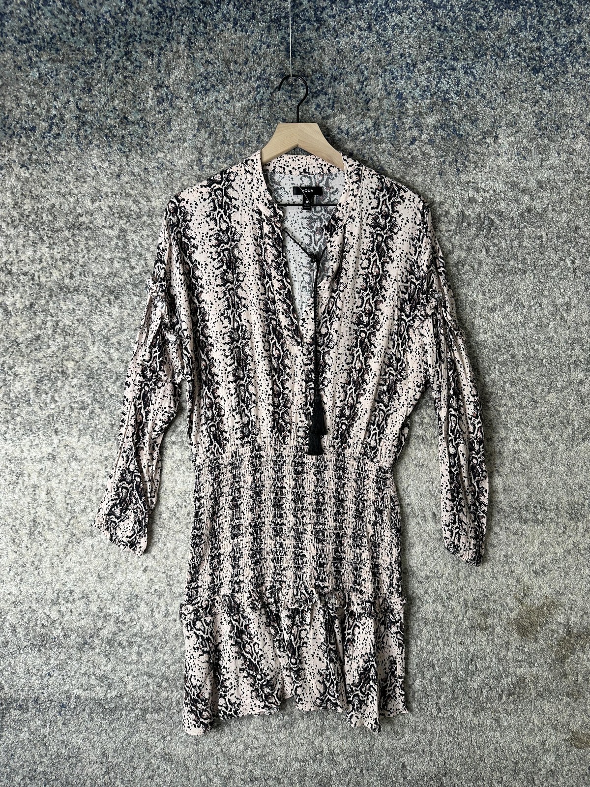 Aqua Dress Womens Large Beige Black Long Sleeve Animal Print Smocked Waist