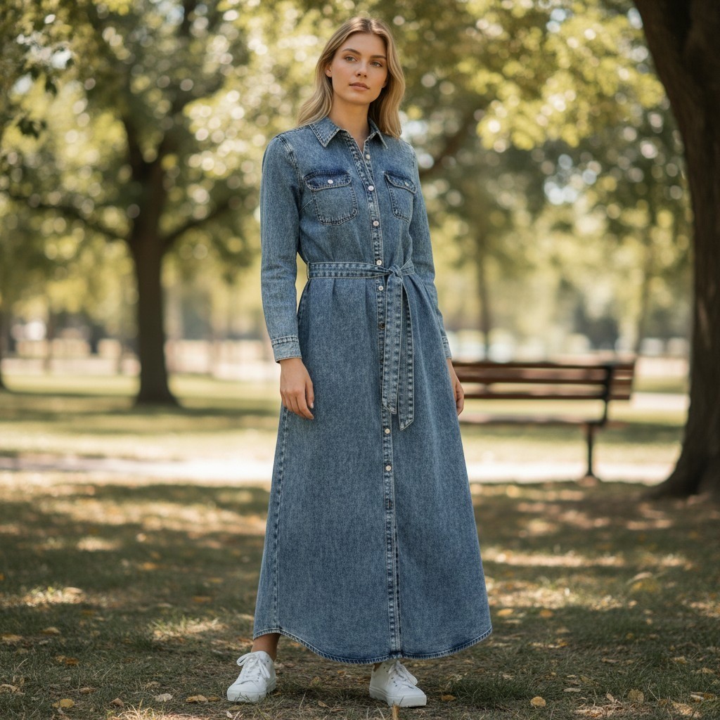 Soft Surroundings Womens TL Maxi Shirt Dress Blue Acid Wash Tencel Belted Pocket