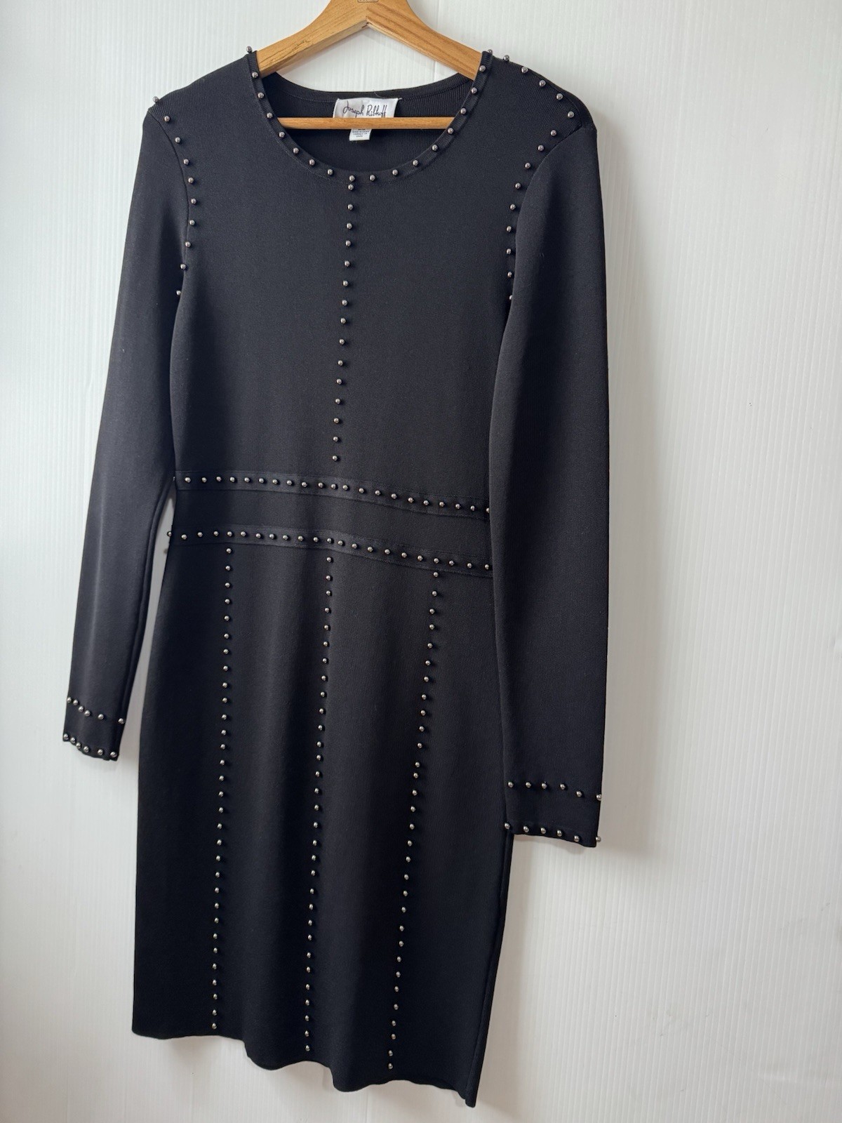Josef Ribkoff Black Studded Midi Dress Long Sleeve Elegant Sheath Sz M Women’s